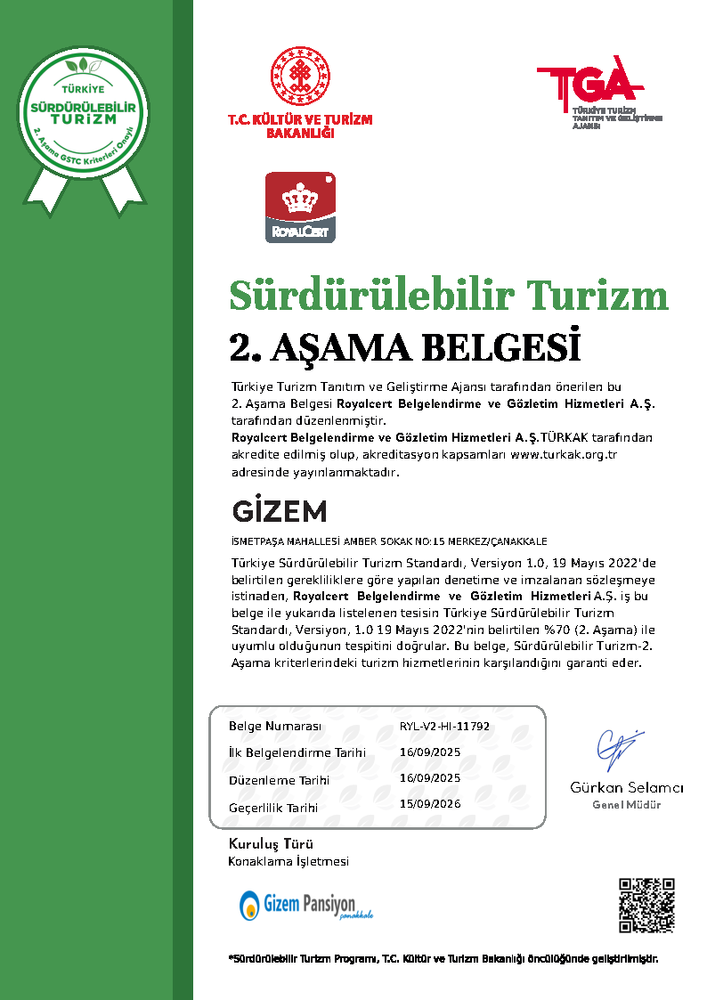 Gizem Pansiyon Sürdürülebiilir Turizm Belgesi